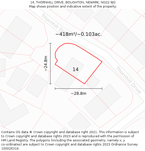 14, THORNHILL DRIVE, BOUGHTON, NEWARK, NG22 9JG: Plot and title map