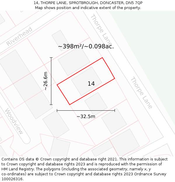14, THORPE LANE, SPROTBROUGH, DONCASTER, DN5 7QP: Plot and title map