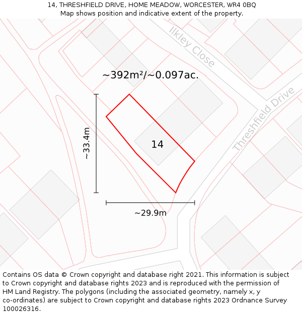 14, THRESHFIELD DRIVE, HOME MEADOW, WORCESTER, WR4 0BQ: Plot and title map