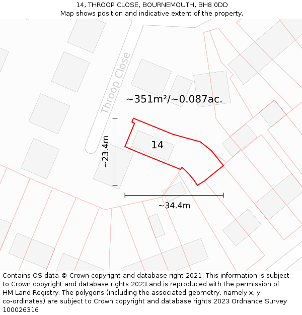 14, THROOP CLOSE, BOURNEMOUTH, BH8 0DD: Plot and title map