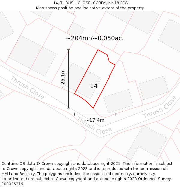 14, THRUSH CLOSE, CORBY, NN18 8FG: Plot and title map