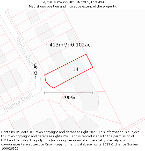 14, THURLOW COURT, LINCOLN, LN2 4SA: Plot and title map