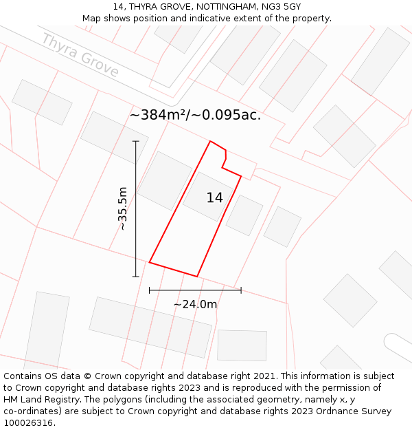 14, THYRA GROVE, NOTTINGHAM, NG3 5GY: Plot and title map