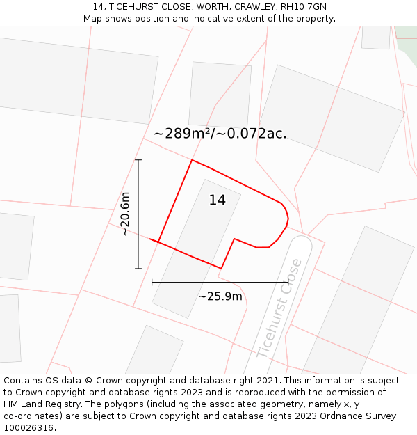 14, TICEHURST CLOSE, WORTH, CRAWLEY, RH10 7GN: Plot and title map