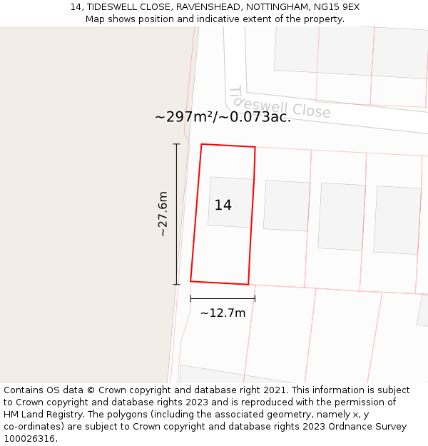 14, TIDESWELL CLOSE, RAVENSHEAD, NOTTINGHAM, NG15 9EX: Plot and title map