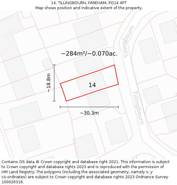 14, TILLINGBOURN, FAREHAM, PO14 4PT: Plot and title map
