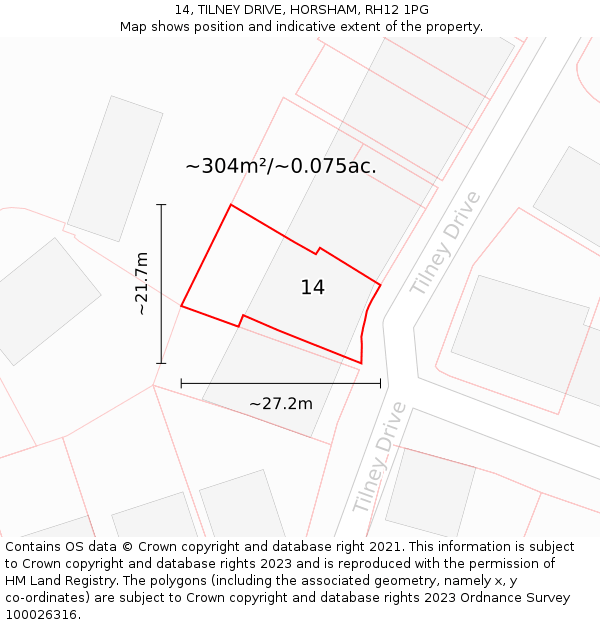 14, TILNEY DRIVE, HORSHAM, RH12 1PG: Plot and title map