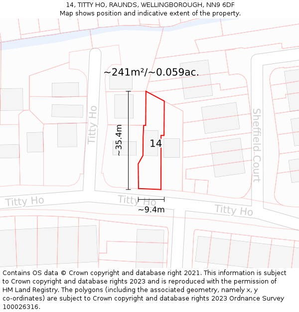 14, TITTY HO, RAUNDS, WELLINGBOROUGH, NN9 6DF: Plot and title map