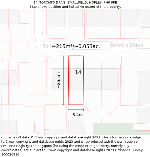 14, TORONTO DRIVE, SMALLFIELD, HORLEY, RH6 9RB: Plot and title map