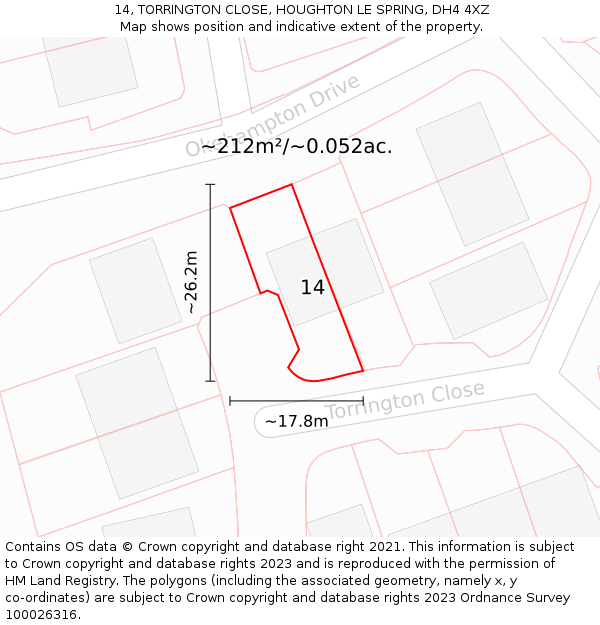 14, TORRINGTON CLOSE, HOUGHTON LE SPRING, DH4 4XZ: Plot and title map