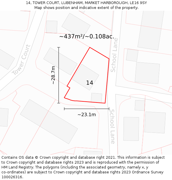 14, TOWER COURT, LUBENHAM, MARKET HARBOROUGH, LE16 9SY: Plot and title map