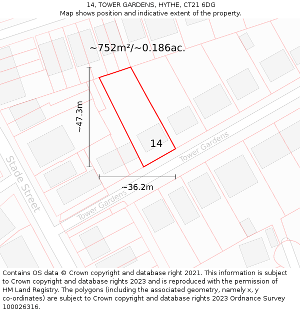 14, TOWER GARDENS, HYTHE, CT21 6DG: Plot and title map