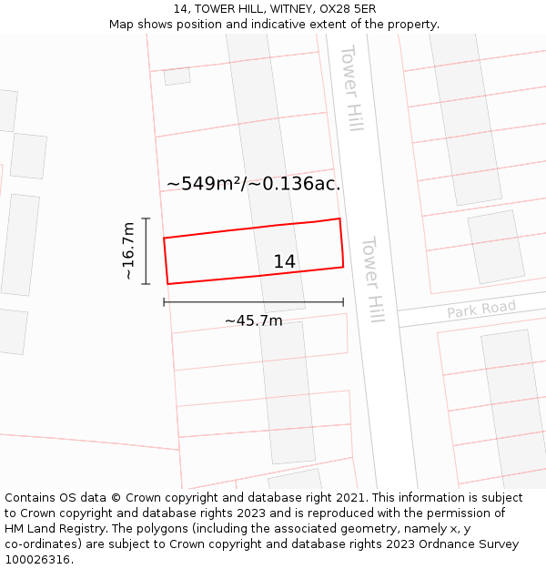 14, TOWER HILL, WITNEY, OX28 5ER: Plot and title map