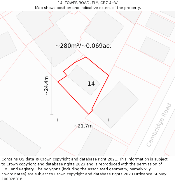 14, TOWER ROAD, ELY, CB7 4HW: Plot and title map