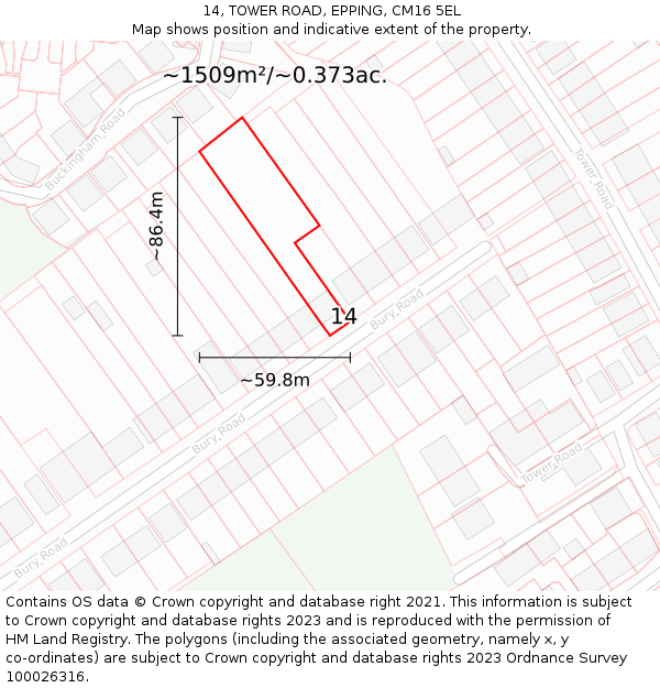 14, TOWER ROAD, EPPING, CM16 5EL: Plot and title map