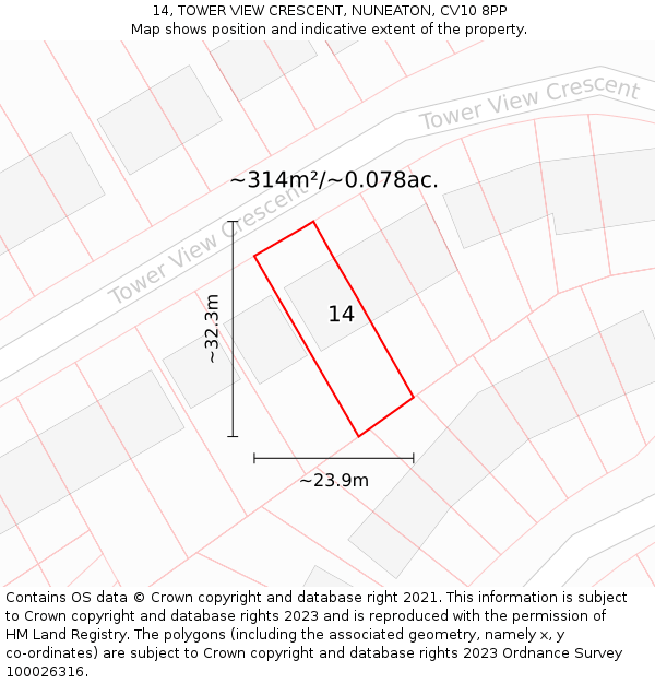 14, TOWER VIEW CRESCENT, NUNEATON, CV10 8PP: Plot and title map