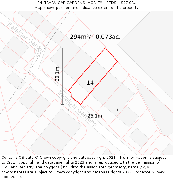 14, TRAFALGAR GARDENS, MORLEY, LEEDS, LS27 0RU: Plot and title map