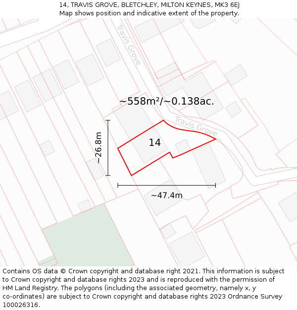 14, TRAVIS GROVE, BLETCHLEY, MILTON KEYNES, MK3 6EJ: Plot and title map