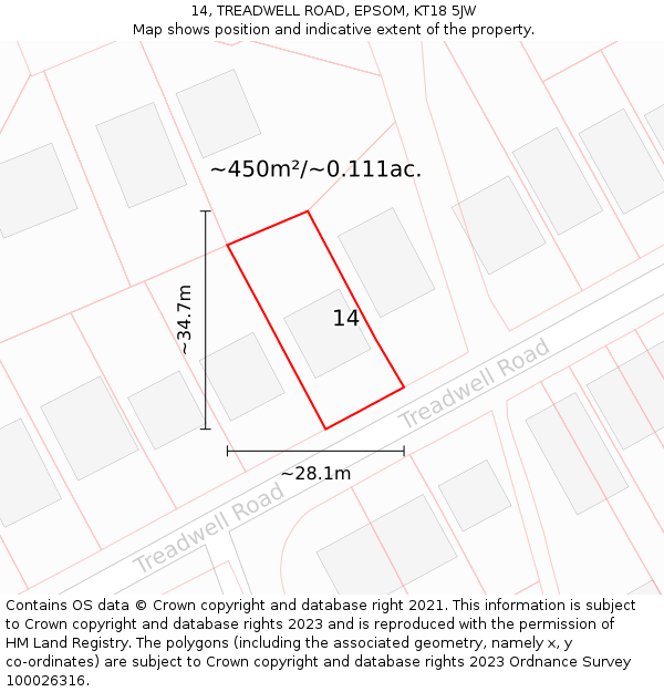 14, TREADWELL ROAD, EPSOM, KT18 5JW: Plot and title map