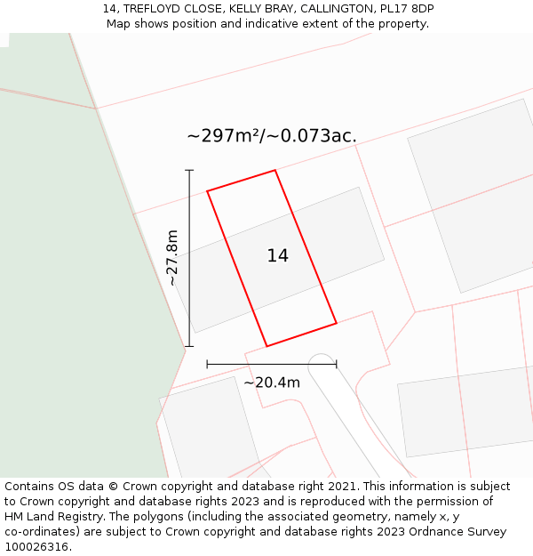 14, TREFLOYD CLOSE, KELLY BRAY, CALLINGTON, PL17 8DP: Plot and title map