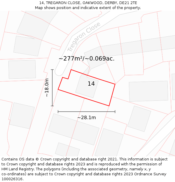 14, TREGARON CLOSE, OAKWOOD, DERBY, DE21 2TE: Plot and title map