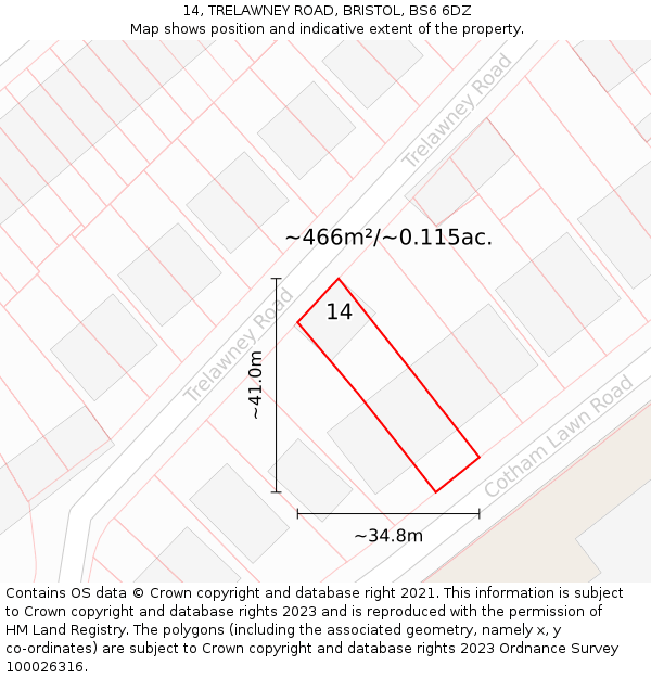 14, TRELAWNEY ROAD, BRISTOL, BS6 6DZ: Plot and title map