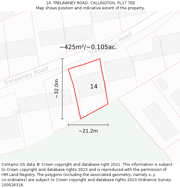 14, TRELAWNEY ROAD, CALLINGTON, PL17 7EE: Plot and title map