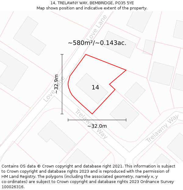 14, TRELAWNY WAY, BEMBRIDGE, PO35 5YE: Plot and title map