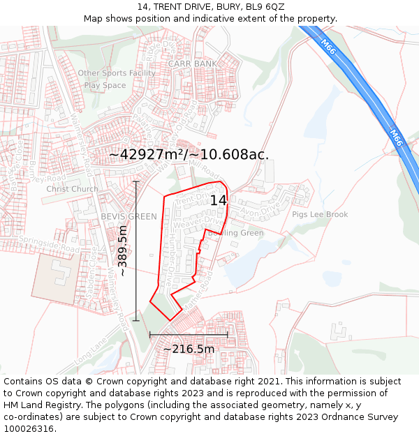 14, TRENT DRIVE, BURY, BL9 6QZ: Plot and title map