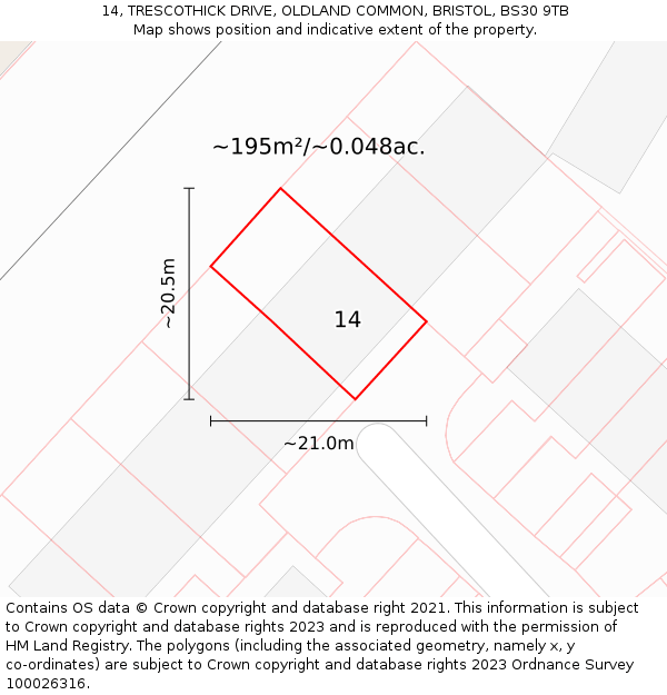 14, TRESCOTHICK DRIVE, OLDLAND COMMON, BRISTOL, BS30 9TB: Plot and title map