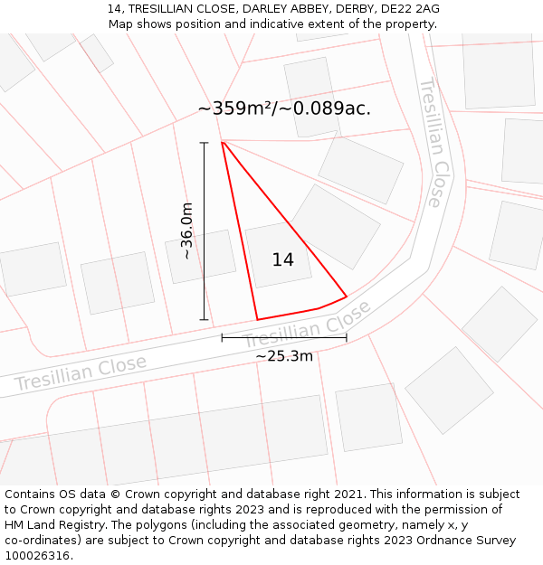 14, TRESILLIAN CLOSE, DARLEY ABBEY, DERBY, DE22 2AG: Plot and title map