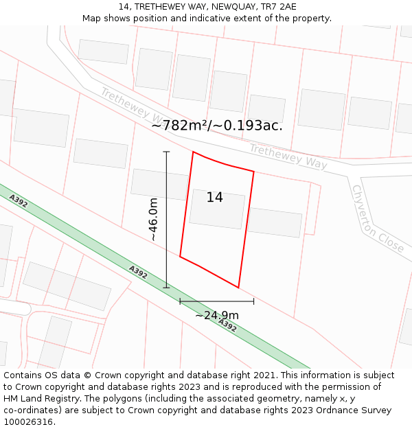 14, TRETHEWEY WAY, NEWQUAY, TR7 2AE: Plot and title map