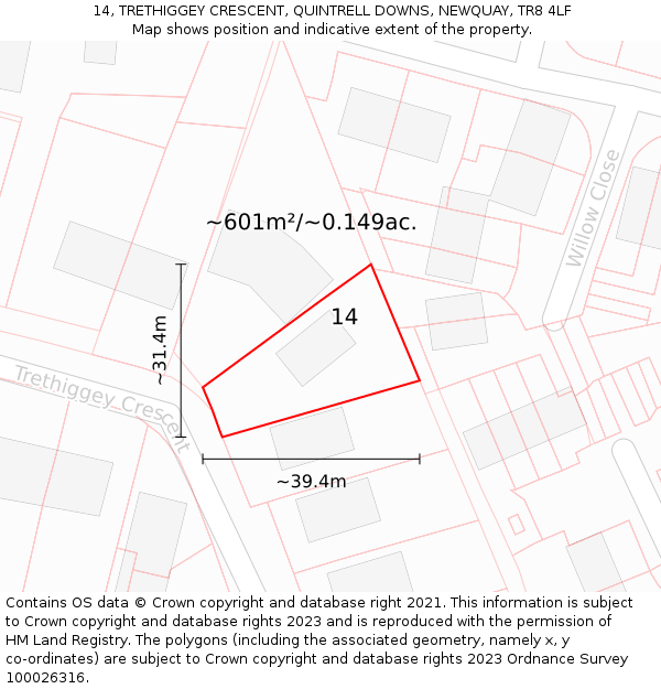 14, TRETHIGGEY CRESCENT, QUINTRELL DOWNS, NEWQUAY, TR8 4LF: Plot and title map