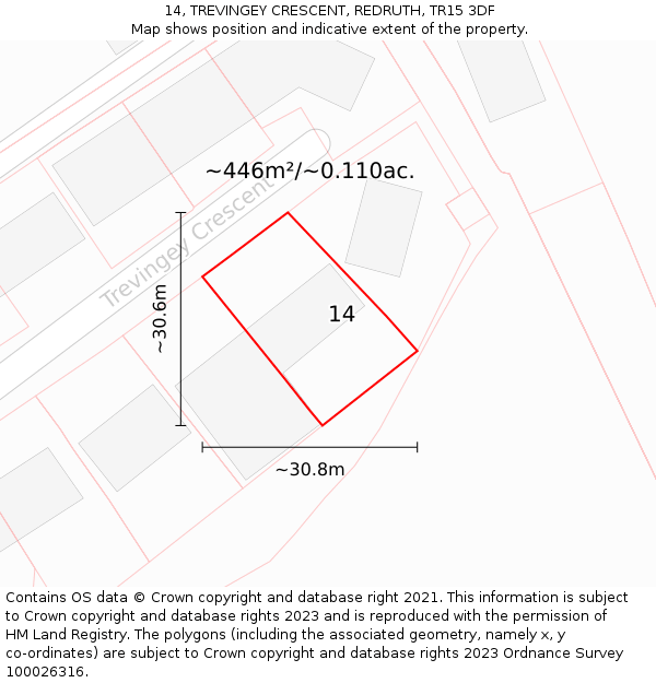 14, TREVINGEY CRESCENT, REDRUTH, TR15 3DF: Plot and title map