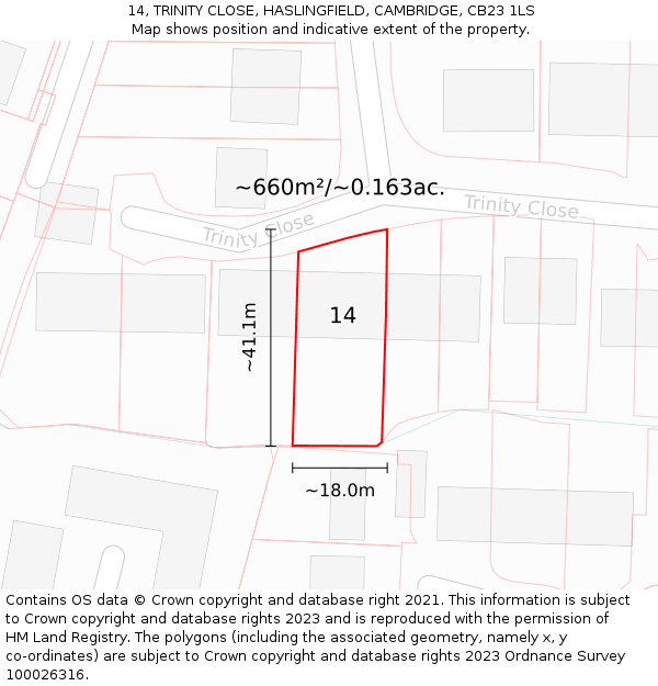 14, TRINITY CLOSE, HASLINGFIELD, CAMBRIDGE, CB23 1LS: Plot and title map