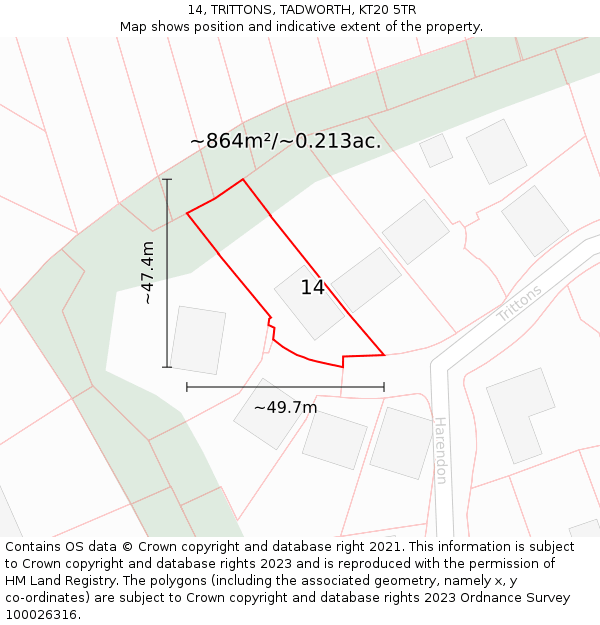 14, TRITTONS, TADWORTH, KT20 5TR: Plot and title map