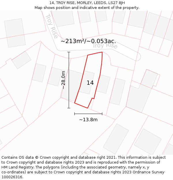 14, TROY RISE, MORLEY, LEEDS, LS27 8JH: Plot and title map