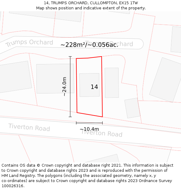 14, TRUMPS ORCHARD, CULLOMPTON, EX15 1TW: Plot and title map