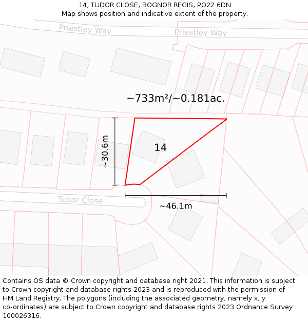 14, TUDOR CLOSE, BOGNOR REGIS, PO22 6DN: Plot and title map