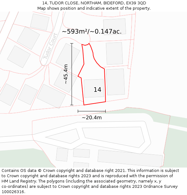 14, TUDOR CLOSE, NORTHAM, BIDEFORD, EX39 3QD: Plot and title map