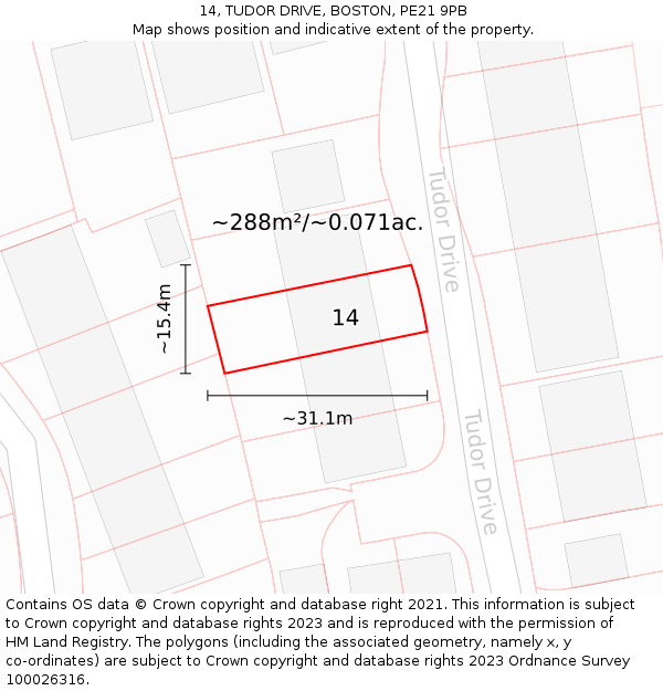 14, TUDOR DRIVE, BOSTON, PE21 9PB: Plot and title map