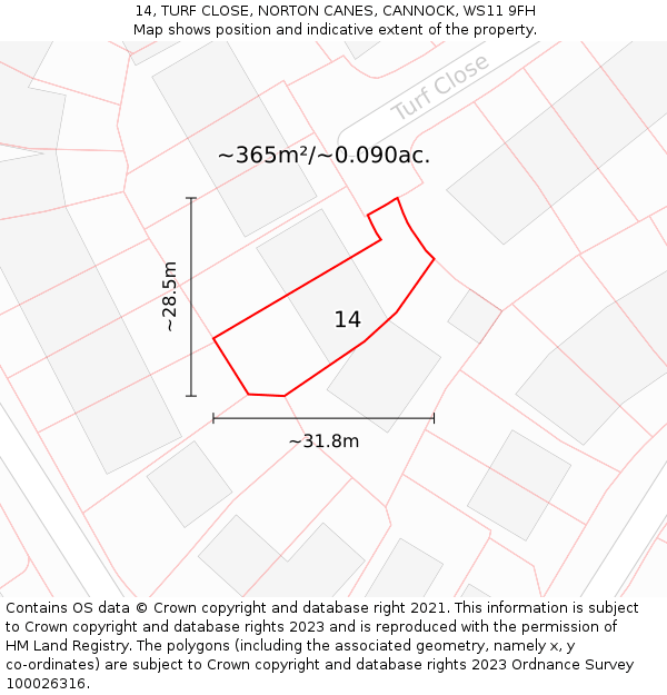 14, TURF CLOSE, NORTON CANES, CANNOCK, WS11 9FH: Plot and title map