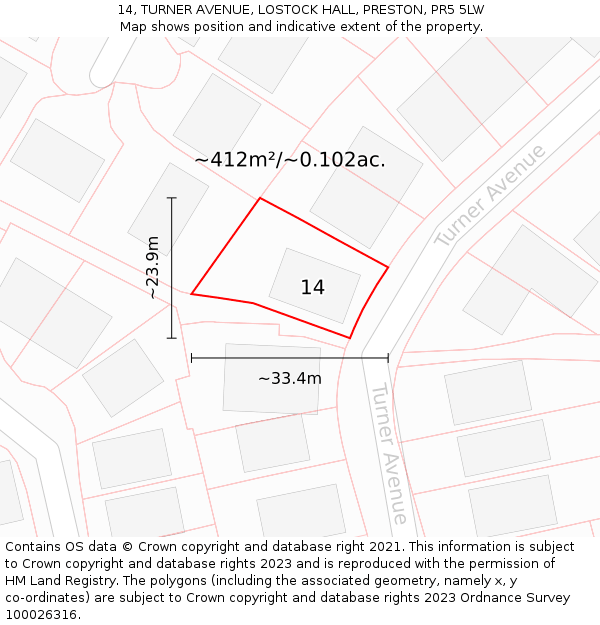 14, TURNER AVENUE, LOSTOCK HALL, PRESTON, PR5 5LW: Plot and title map