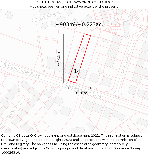 14, TUTTLES LANE EAST, WYMONDHAM, NR18 0EN: Plot and title map