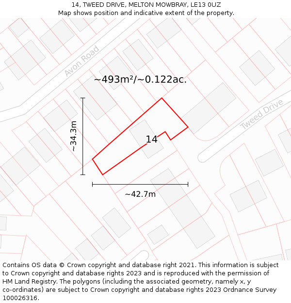 14, TWEED DRIVE, MELTON MOWBRAY, LE13 0UZ: Plot and title map