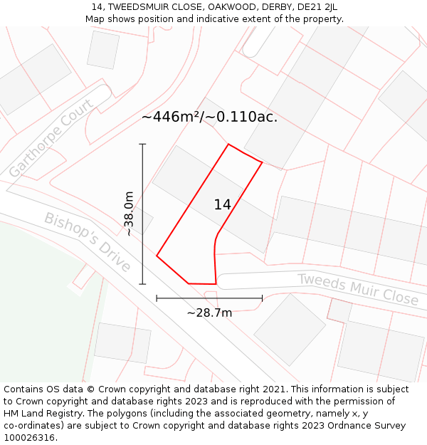 14, TWEEDSMUIR CLOSE, OAKWOOD, DERBY, DE21 2JL: Plot and title map