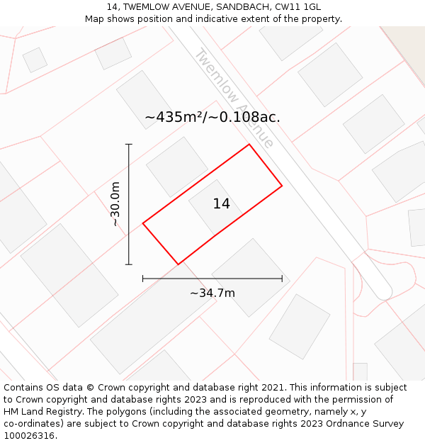 14, TWEMLOW AVENUE, SANDBACH, CW11 1GL: Plot and title map
