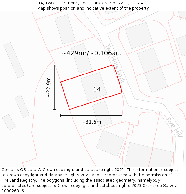 14, TWO HILLS PARK, LATCHBROOK, SALTASH, PL12 4UL: Plot and title map
