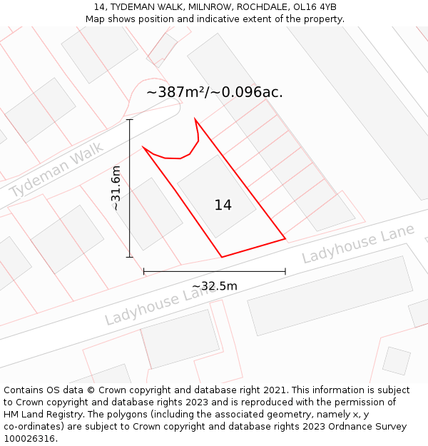14, TYDEMAN WALK, MILNROW, ROCHDALE, OL16 4YB: Plot and title map