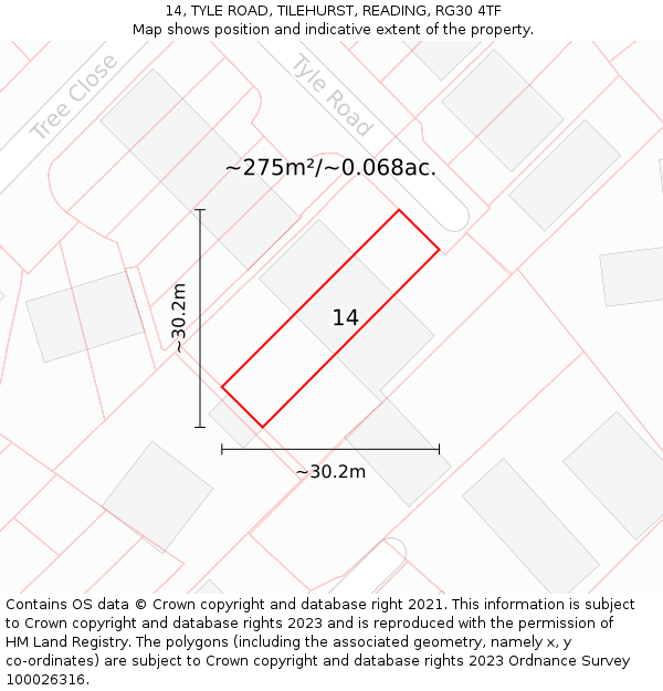 14, TYLE ROAD, TILEHURST, READING, RG30 4TF: Plot and title map